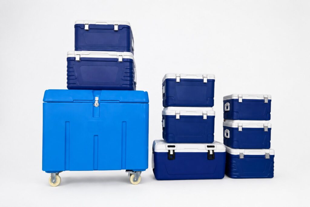 Set of insulated dry ice storage containers