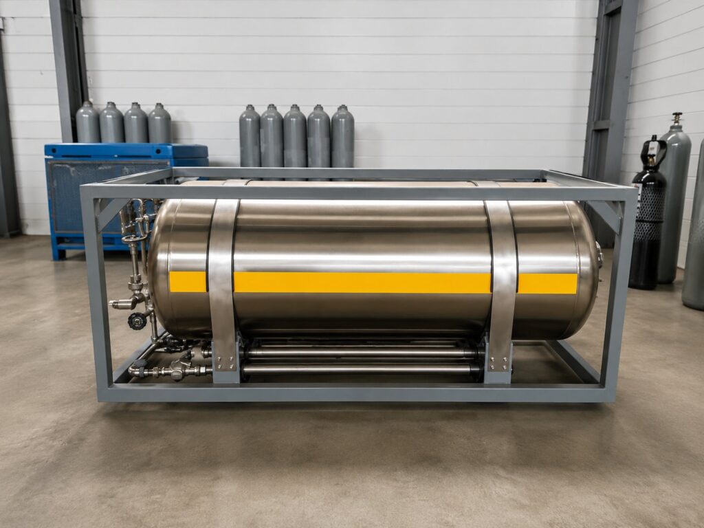 Horizontal cryogenic cylinder with vaporizer bank