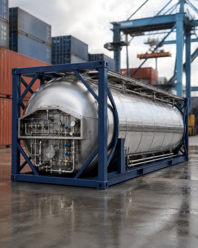 Cryogenic ISO tank container at port