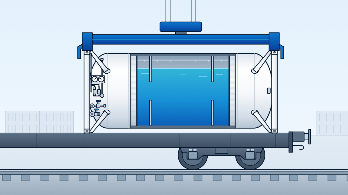 20 ft T75 cryogenic tank container cut away to show the double wall and baffles, being lifted by a spreader onto a container chassis