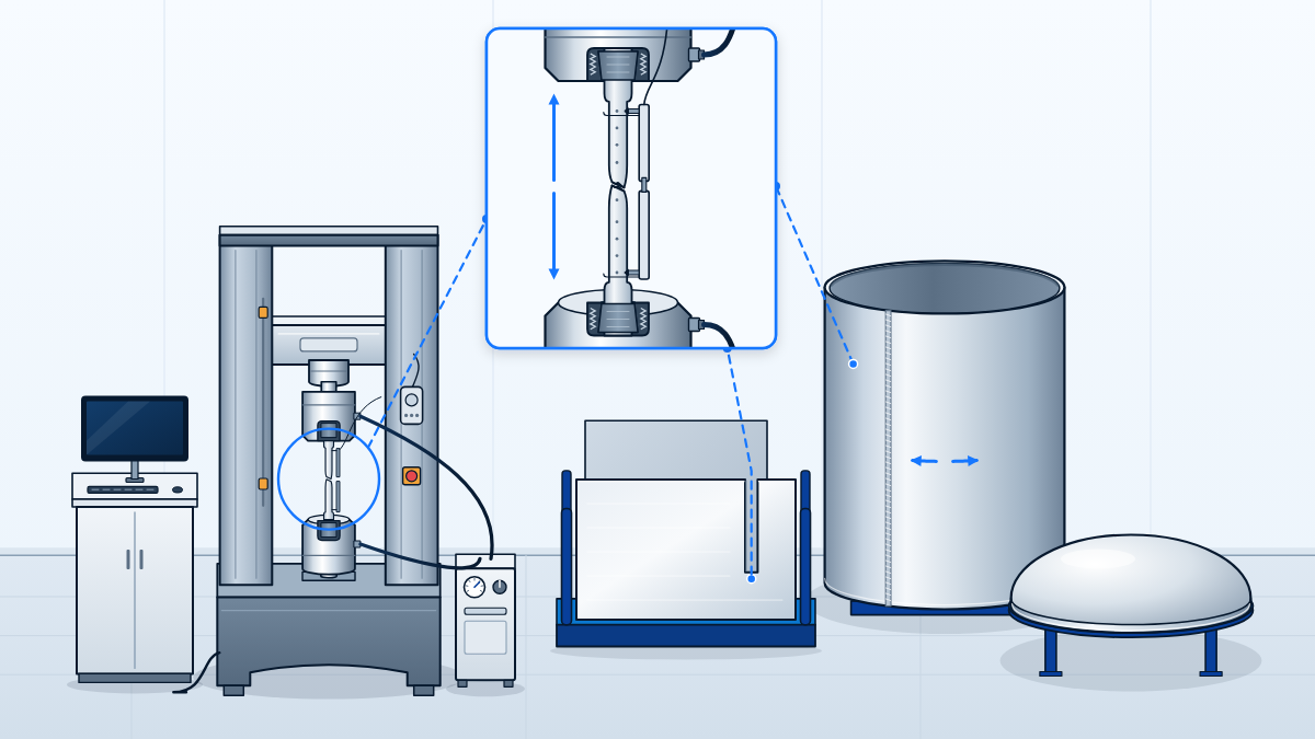Materials testing lab: a universal testing machine pulling a tensile specimen, with a vessel shell course and a dished head waiting beside it