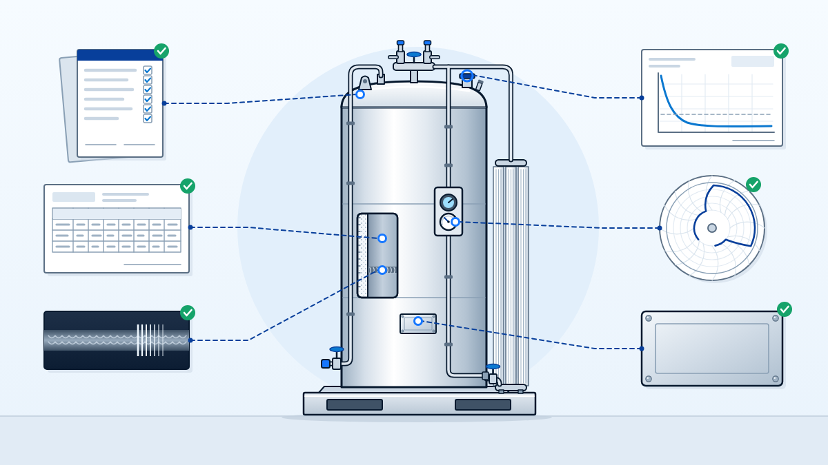 Stainless microbulk tank on a galvanised skid surrounded by six export documents: data book, drawings, test reports and declarations, each ticked