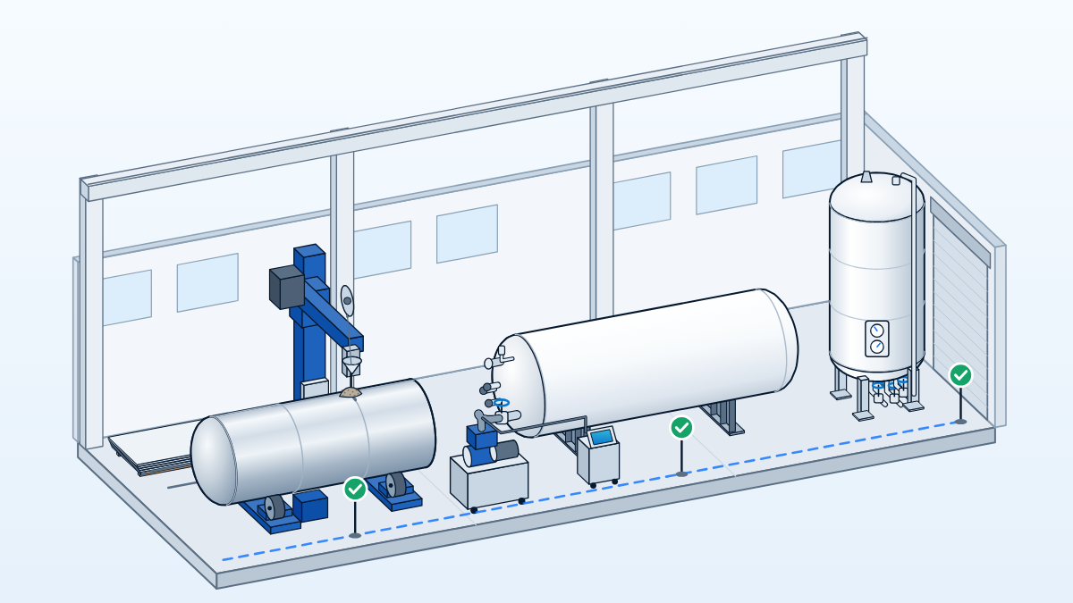 Cut-away fabrication hall of a cryogenic tank maker seen as a buyer's audit: inner vessel on roll stands under a welding boom, test bay and packing area