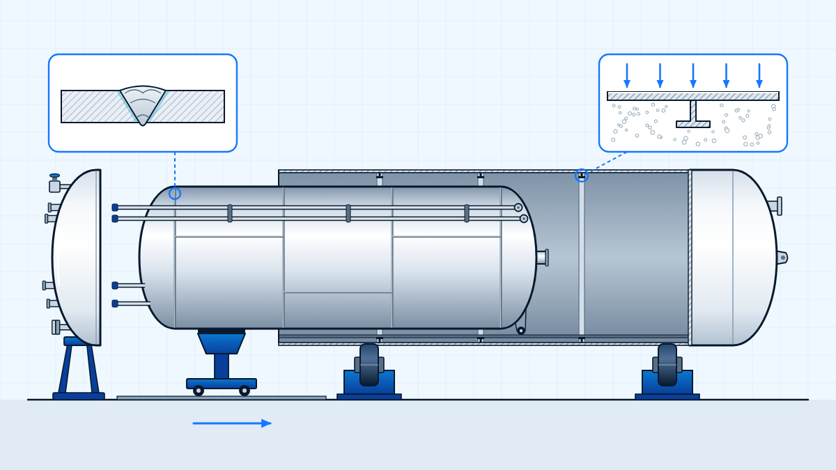 Workshop scene: a stainless inner vessel being slid into a cut-away outer jacket of a cryogenic tank, with support rings and annular piping