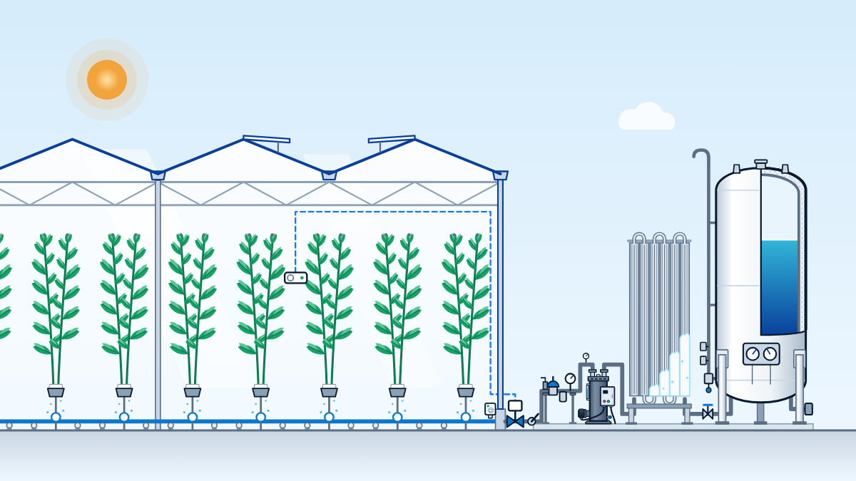 Section of a Venlo greenhouse with high-wire crops, perforated CO2 hoses, an aspirated sensor and a low CO2 detector, supplied from an outdoor CO2 tank and vaporizer