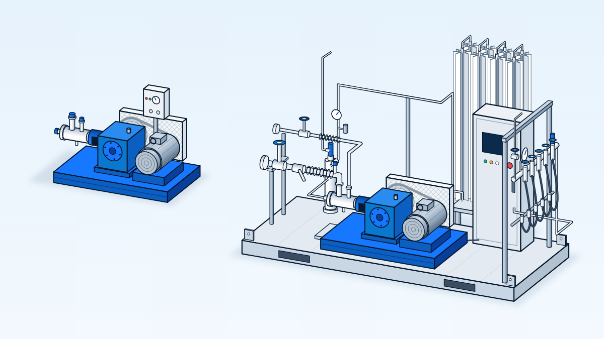 The same reciprocating cryogenic pump twice: as a standalone unit with capped ports, and packaged on a skid with suction, return and discharge piping