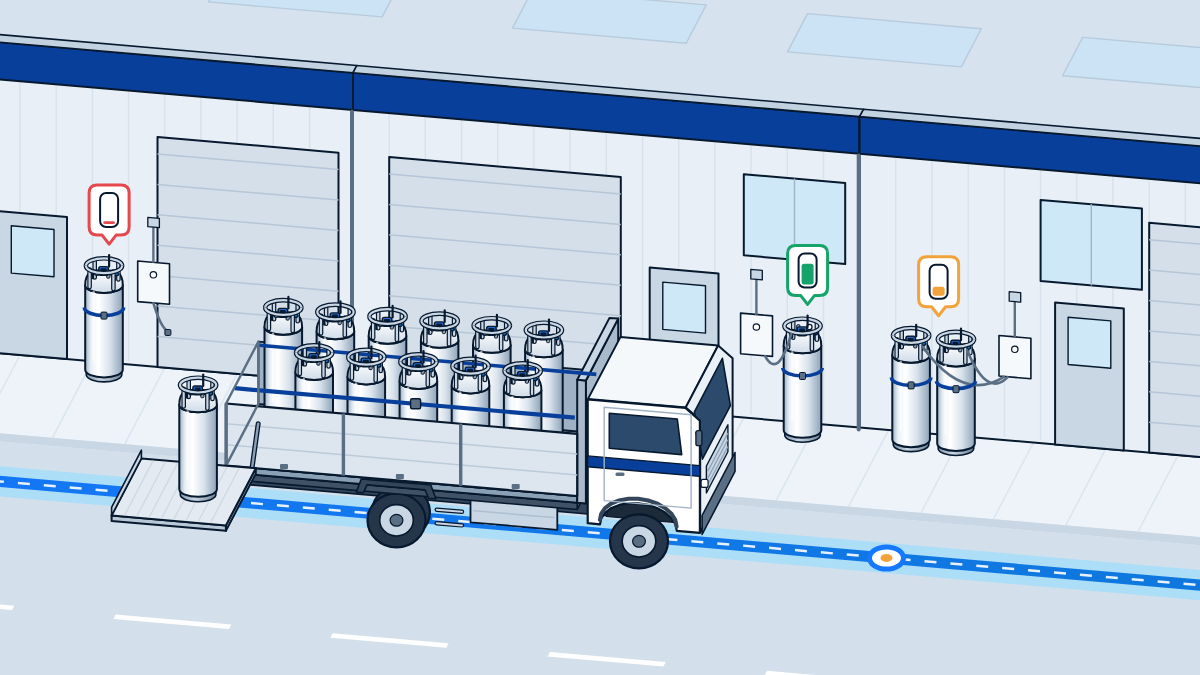 Delivery truck with liquid cylinders stopped at a customer site on an industrial estate; sites along the route are marked critical, normal and warning
