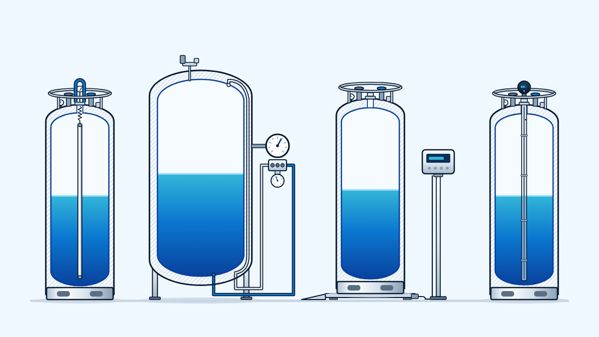 Four cryogenic vessels in section comparing level gauges: float gauge, differential-pressure gauge, platform scale and capacitive probe with electronic head