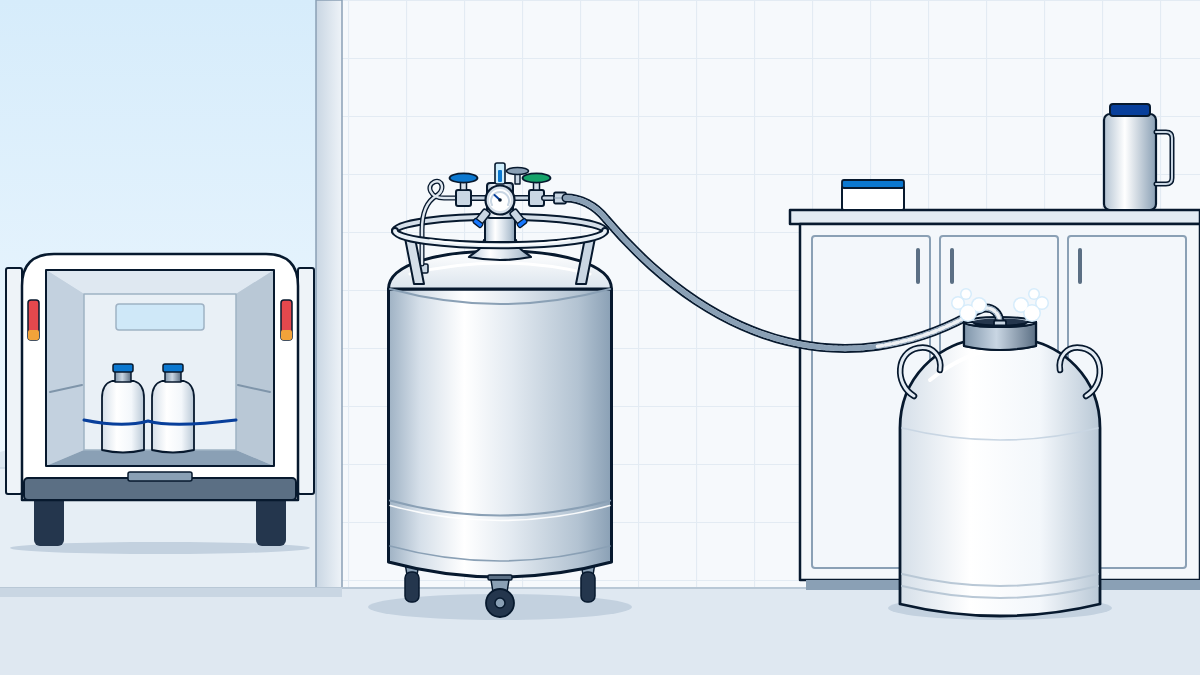 Stainless YDZ-50 self-pressurising container on castors in a lab doorway decanting liquid nitrogen through a hose into an open-neck dewar, with a field van outside
