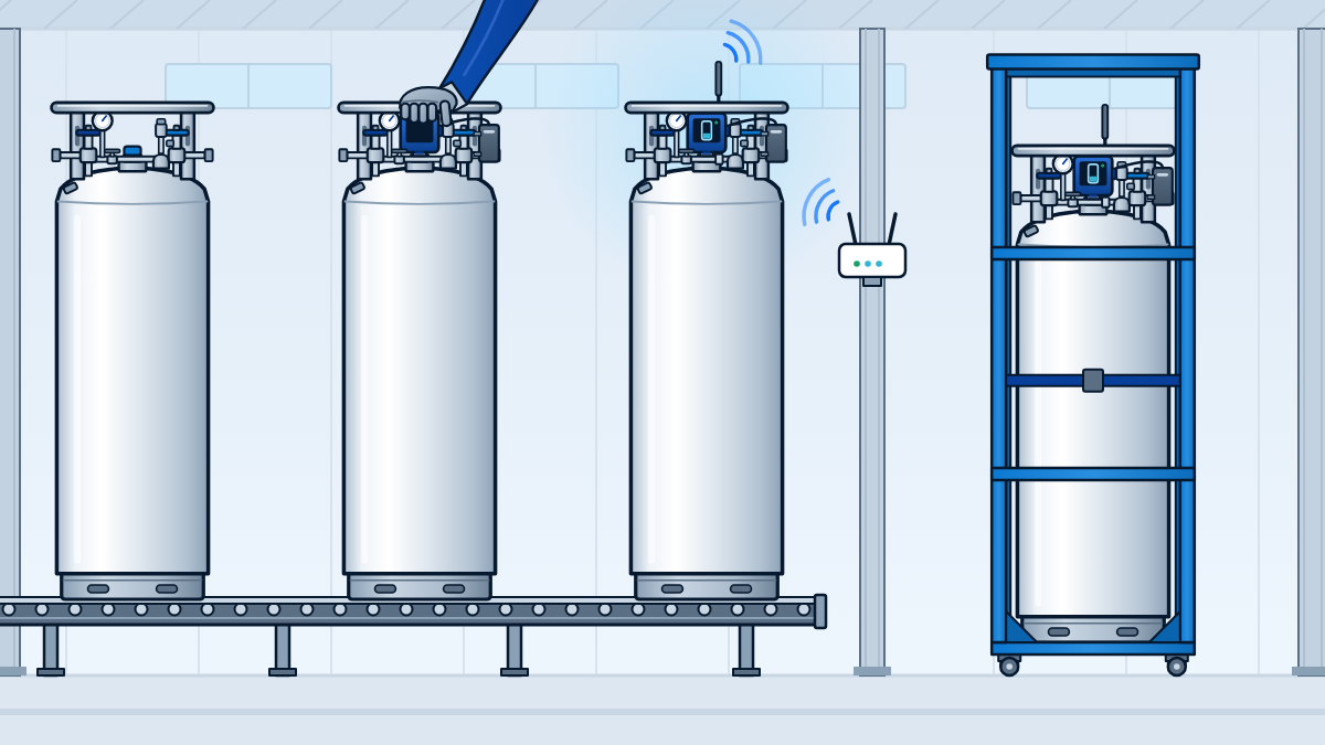 Liquid cylinder production line: a CryoFor TM2 head being fitted to the level-gauge port, a connected unit reporting over Wi-Fi, and a finished cylinder in its transport frame