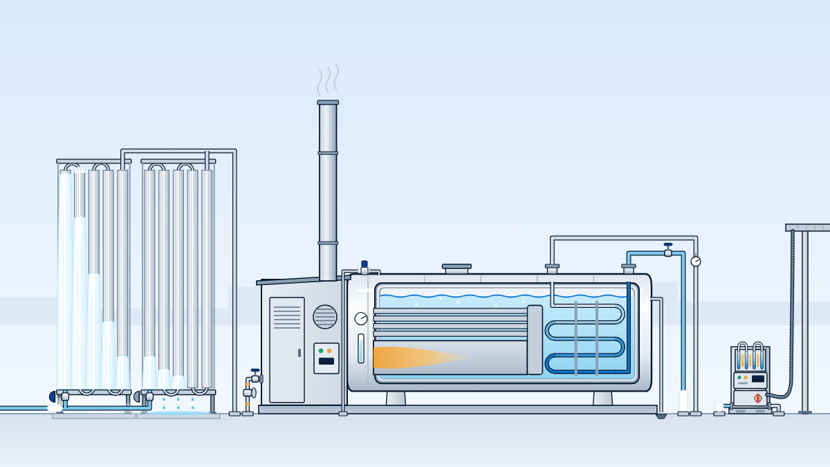 Three vaporizer heat sources side by side: switching ambient-air banks, a steam-heated water bath and an electric vaporizer with its power supply