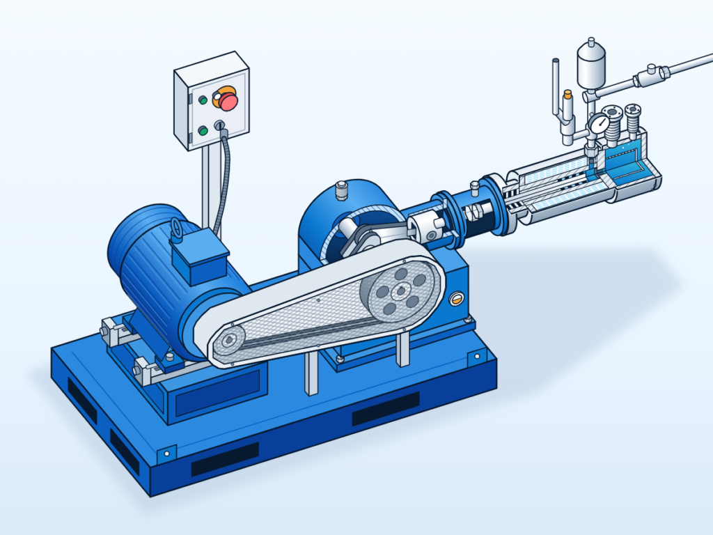 Reciprocating cryogenic liquid pump skid seen from the motor and belt side: blue base, motor, belt guard, crankcase and stainless cold end