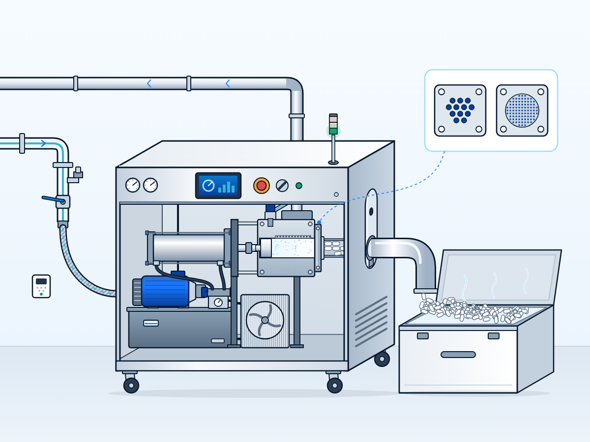 Dry-ice pelletizer cabinet on castors with the lower panel cut away to show the hydraulic press, snow chamber, extrusion die and pellets falling into a bin