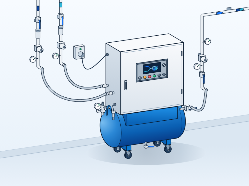Gas mixer cabinet with touch screen and control buttons mounted on a stand above a blue horizontal receiver, with inlet and outlet piping