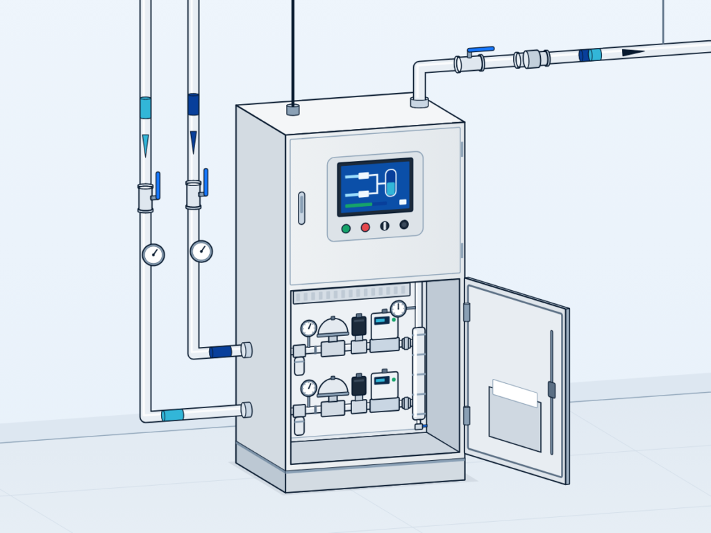 Two-door PLC gas mixing cabinet with the lower door open showing the gas compartment: regulators, solenoid valves, mixing block and piping