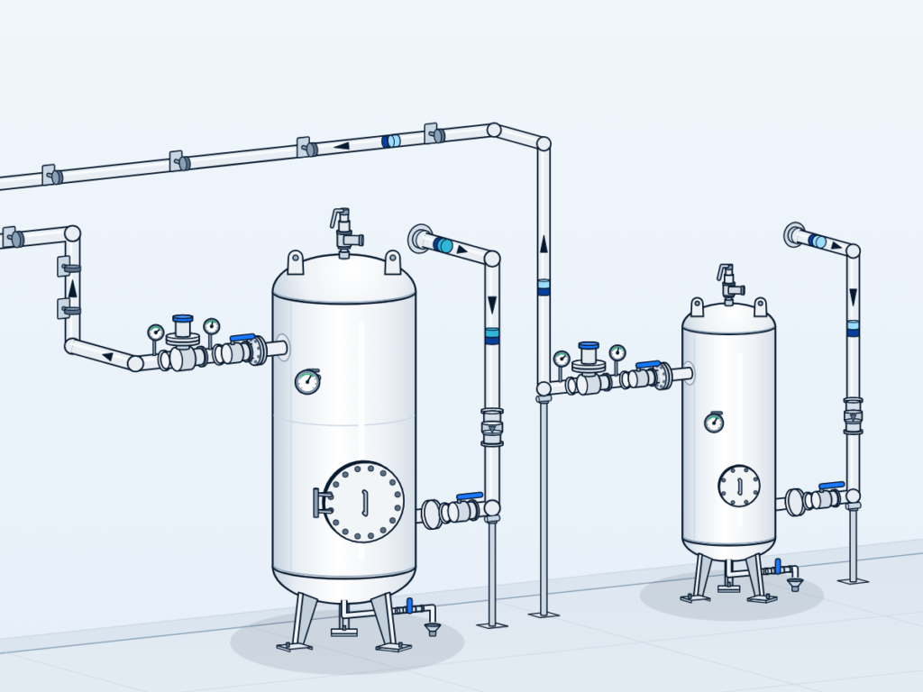 Two vertical gas-mixture receivers of 2000 and 600 litres at one scale with dished heads, legs, manhole, gauge, relief valve and outlet piping