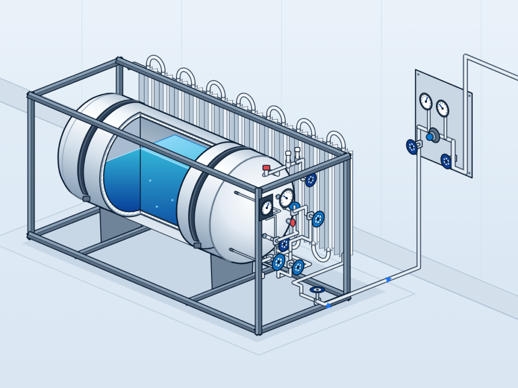 Horizontal 500-litre liquid cylinder in its square-tube skid frame, half in section showing the jacket, vacuum space and inner vessel, with the valve panel at the end