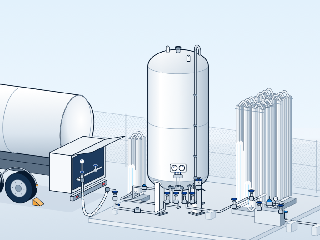 10,000-litre white vertical cryogenic storage tank on a concrete pad behind a fence, being refilled from a road tanker through a braided hose