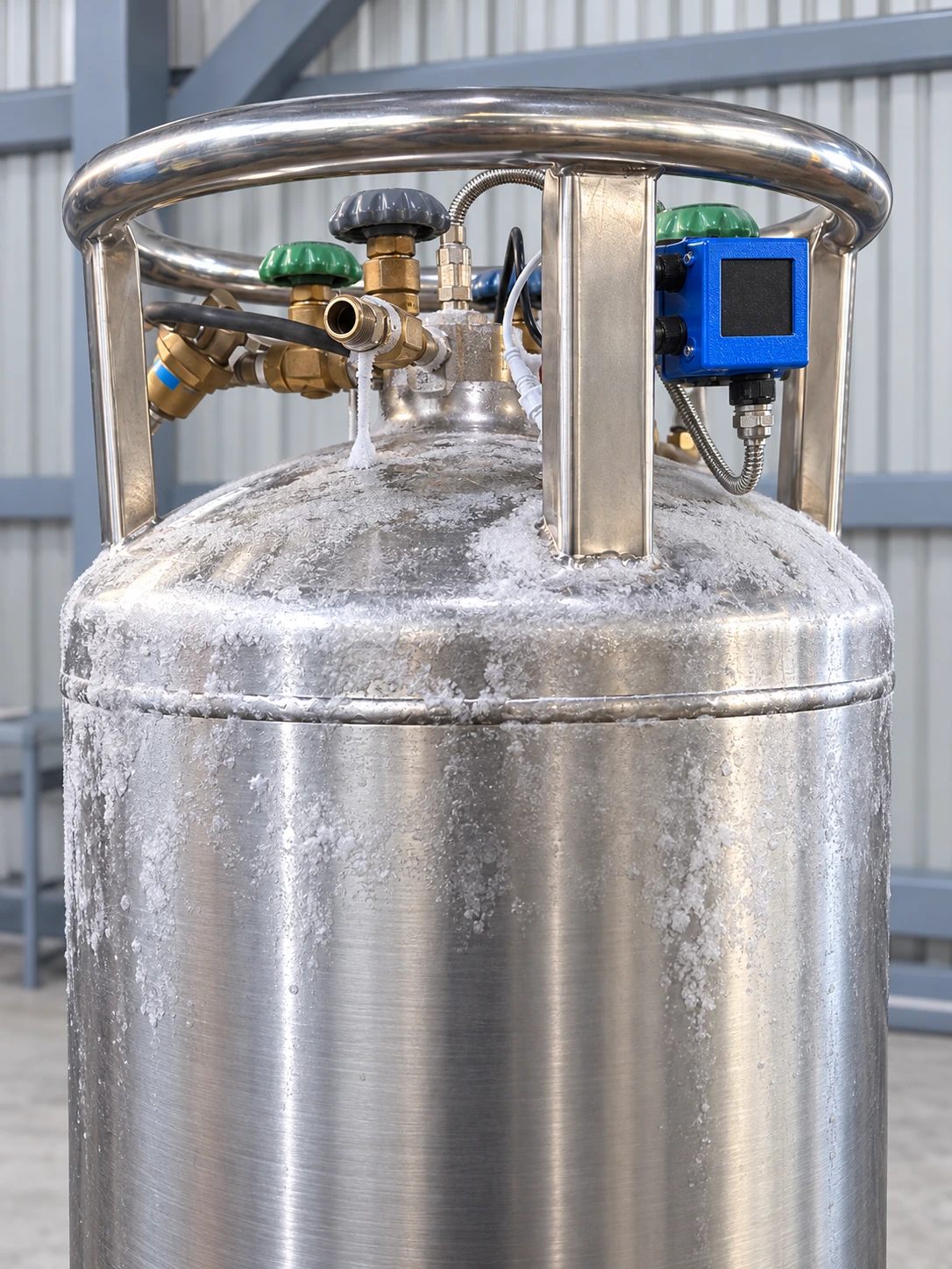 Frosted cryogenic liquid cylinder with a blue CryoFor TM2 module installed.