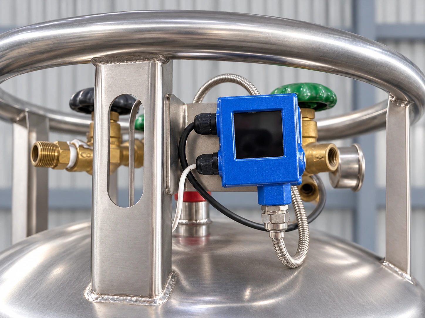 Close-up of the blue CryoFor TM2 module, its connections and the cylinder valves.