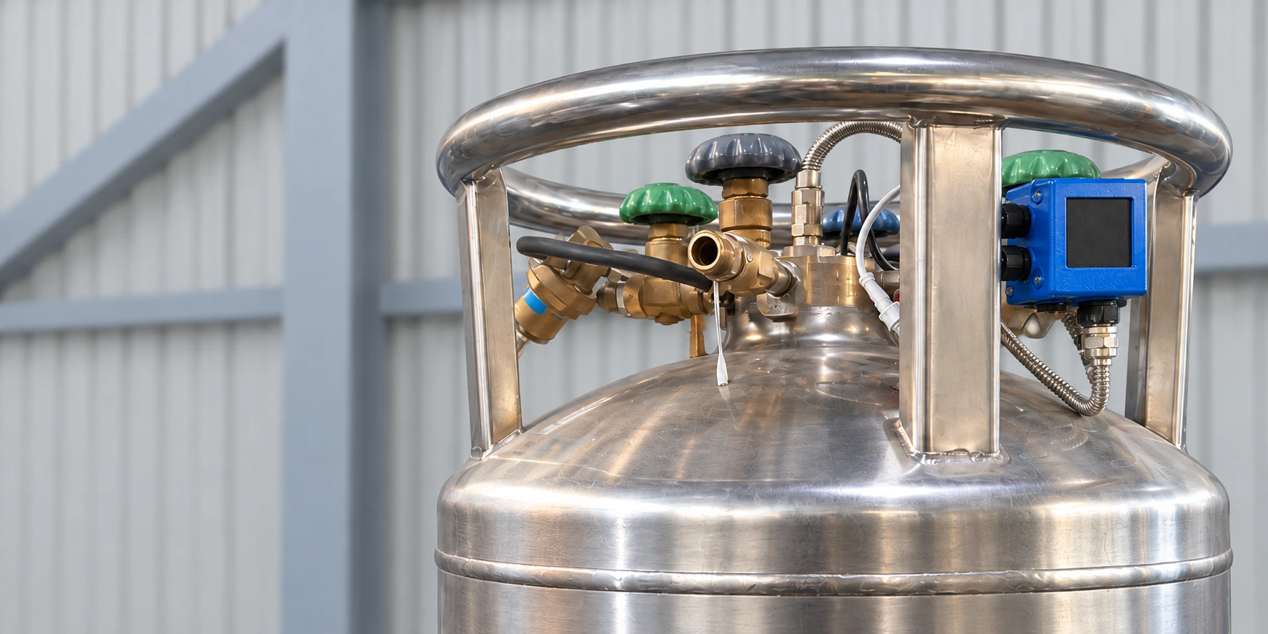 Blue CryoFor TM2 module installed on a cryogenic liquid cylinder in a workshop.